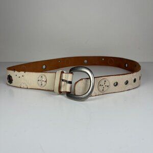 2000s Cream | Tan Floral + Circular Pattern Leather Belt